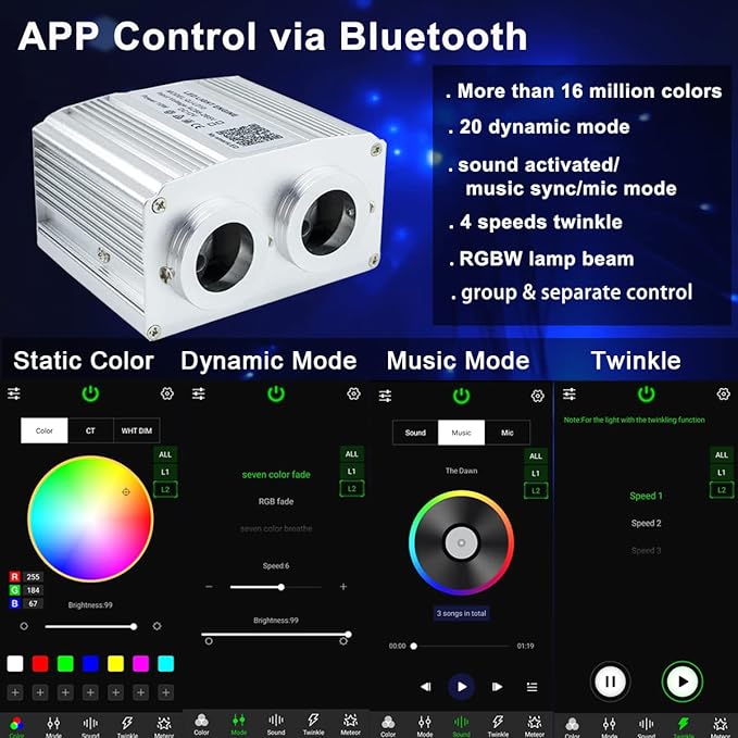 AZIMOM Dual Port 16W Twinkle Bluetooth Fiber Optic Lights Star Ceiling Light Kits Mixed860pcs*13.1ft Fibers Strands Sound Activated RGBW APP/Remote Light Engine for Car Home Starlight Headliner Decor