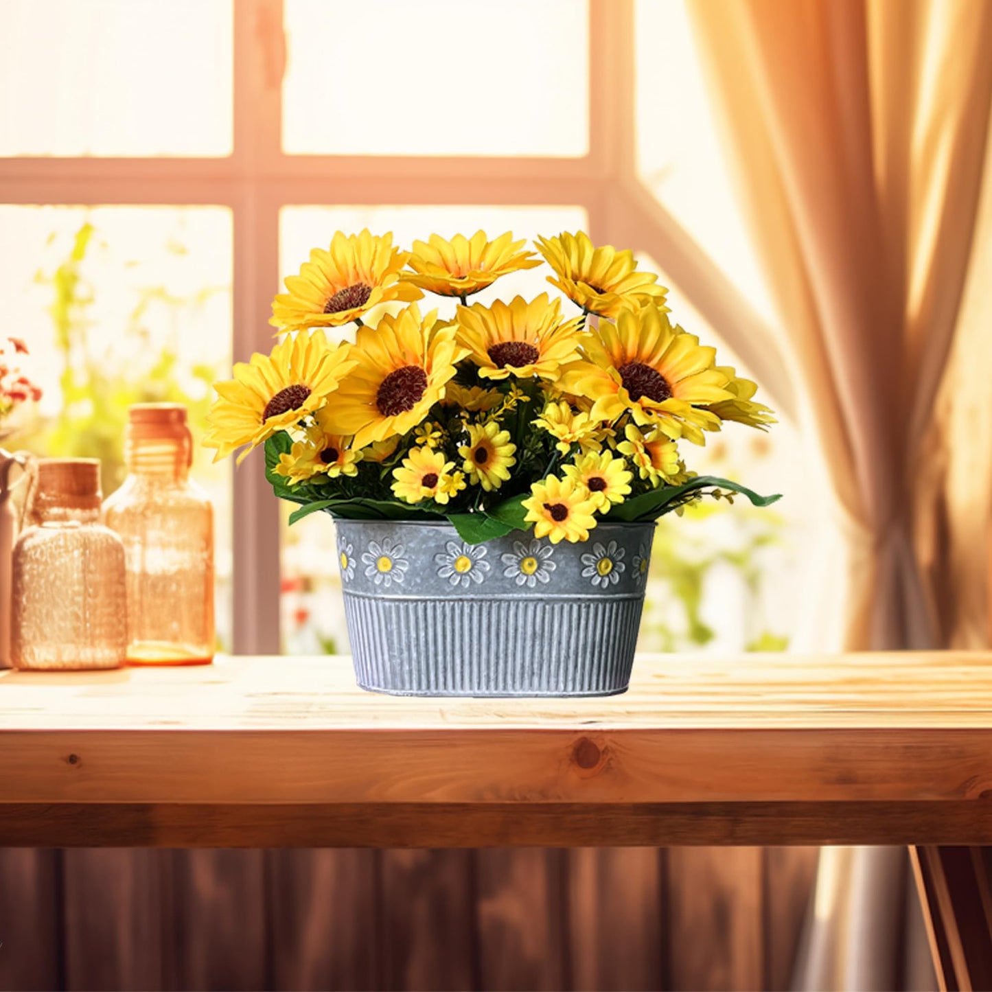 hopeme Artificial Flowers Fake Sunflowers in Pot, Faux Silk Flowers Floral Table Centerpiece Decoration, Rustic Potted Greenery for Farmhouse Home Décor