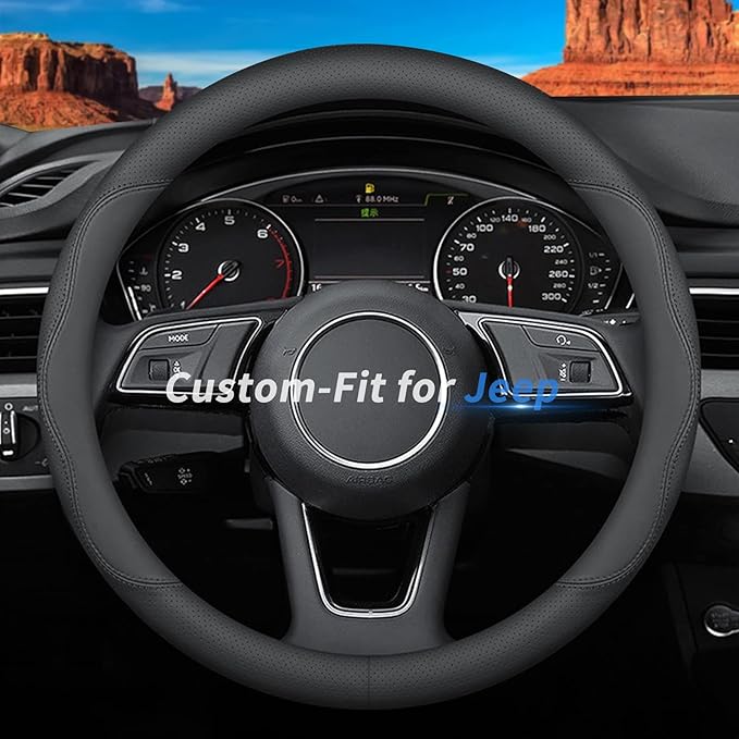 Custom-Fit for Jeep Steering Wheel Cover, Premium Leather Car Steering Wheel Cover with Logo, Non-Slip, Breathable (B-Style,for Jeep)