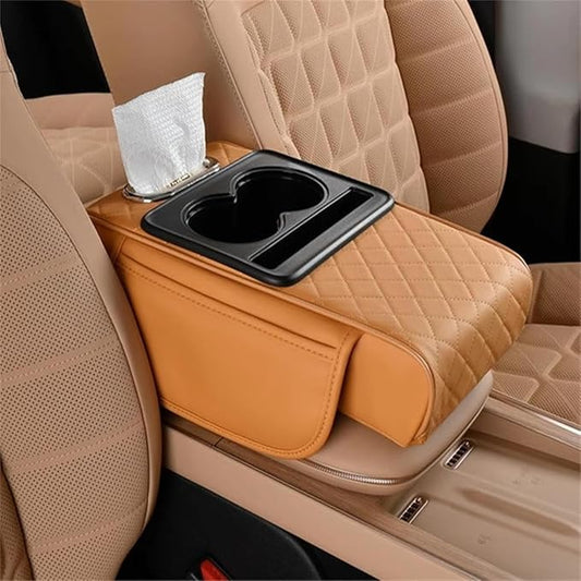 Car Center Console Cover for Hyundai Tucson 2021-2024, Leather Armrest Cushion Protector Pad with Tissue Box Holder Storage Pockets Cup Holder Phone Slot, G/Orange