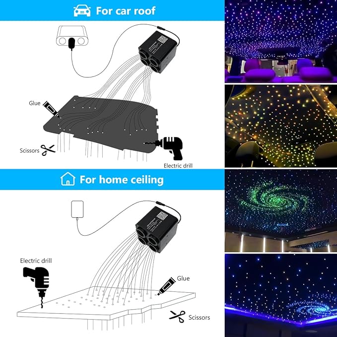 AKEPO 36W 4 Color Twinkle Fiber Optic Starlights Headliner Lights Kit, Optical Fibers Music Sync Bluetooth APP Control Starlight Kit, 1600pcs*13.1ft