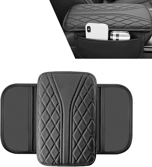 Car Center Console Pad, Leather Car Armrest Box Pad Cover, Vehicle Armrest Protector Cushion with 2 Storage Bags, Universal Arm Rest Pad for Car Interior Accessories Protect (Black)