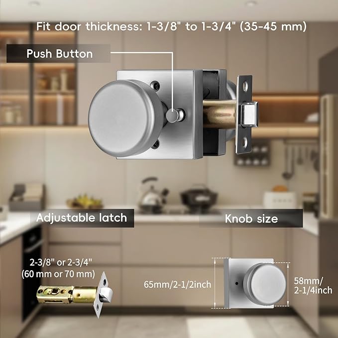 6 Pack Brushed Nickel Door Knobs with Square Rosette, Interior Door Handles for Bath & Bed, Heavy Duty Door Knob with Lock