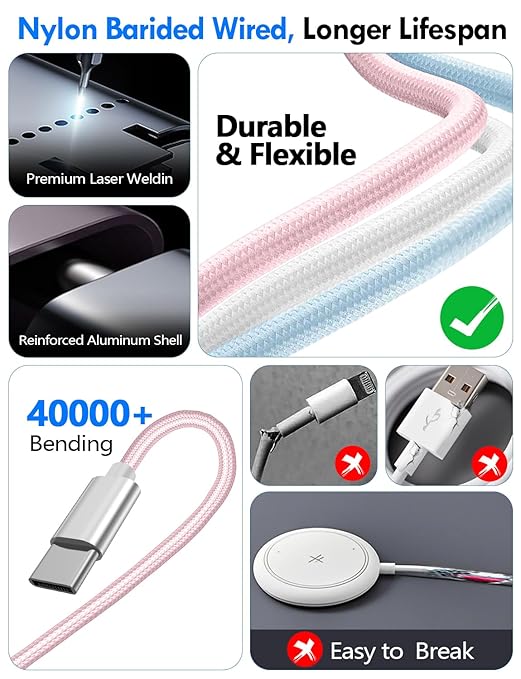 1Pack Multi Charging Cable Cord for Travel Essentials,Apple Watch Charger,iPhone Charger,[3-in-2] Type C/Lightning Cable Portable Designed for iWatch,iPhone 17-8,Galaxy S25-21,AirPods,iPad-1.5M Pink