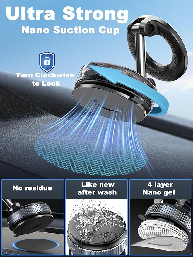 snanlen Upgraded 360° Nano Gel Vacuum Magnetic Phone Holder, 108+LBS Heavy Duty Suction Cup Phone Mount for Car Dashboard & Windshield, 3000gf MagSafe Compatible with iPhone 17/16 Pro Max