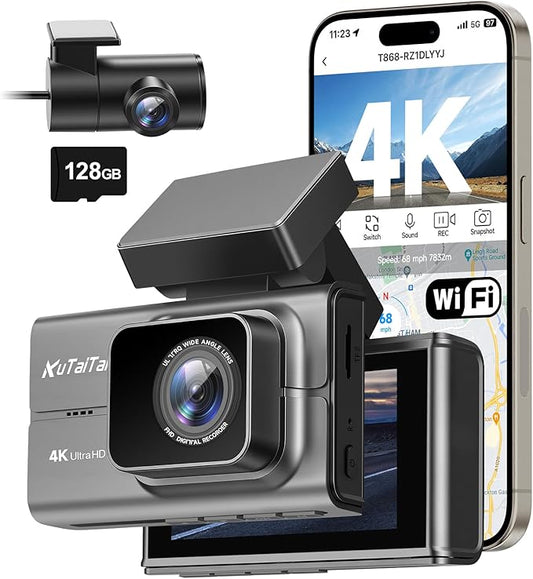 4K Dash Cam Front and Rear with Wi-Fi GPS Free 128GB Card, Dash Camera for Cars with HDR&WDR Night Vision, Car Camera with 3" Touch Screen, 170° Wide Angle, Loop Recording, 24H Parking Mode