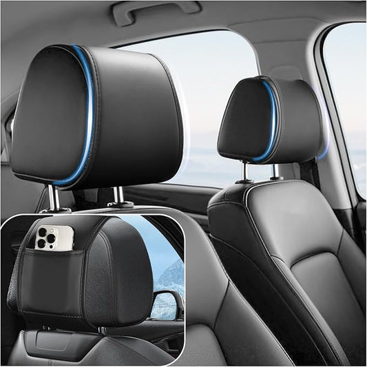 2PCS Multi-Purpose Car Headrest Covers with Pocket Design,Car Headrest Cover for Seat Back Organizer Storing Phone Cards,Universal Leather Head Rest Cover for Interior Decoration