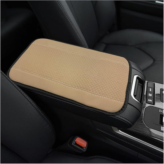 Car Armrest Storage Box Mat, Leather Embossing Auto Center Console Cushion Protective Pad, Anti-Scratch Waterproof Armrest Seat Box Protector for Most Cars Trucks SUVs (Beige)