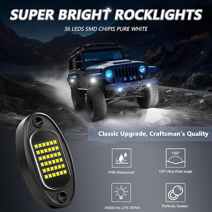 LED Rock Lights for Trucks 24 Pods, 6000K White Underglow Light Kit with 36 LEDs SMD Chips, IP68 Waterproof Neon Underbody Lighting for SUV UTV ATV RZR Car Boat Off Road 4x4