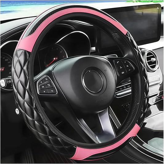 Carbon Fiber Car Steering Wheel Cover, Leather Breathable Non-Slip 14.5-15 Inch Vehicle Steering Wheel Protector, Auto Interior Protection Accessories, Universal for SUV Sedan Truck(Pink)