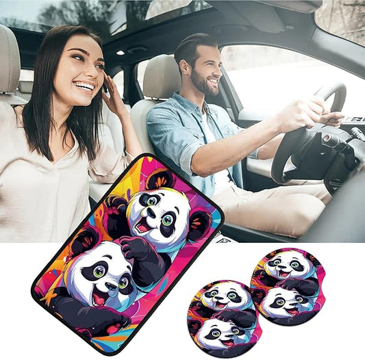 Car Armrest Cover Pads Universal Fashion Cute Auto Center Console Armrest Cover Pad with 2PCS Car Coasters Soft Waterproof Car Armrest Seat Protector for Women, Cute Panda Playing