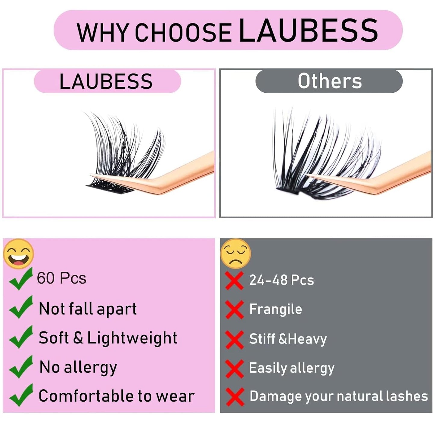 Lash Clusters 60pcs Individual Lashes Wispy Cluster Lashes D Curl Reusable Eyelash Clusters DIY Eyelash Extension Soft Individual Lash Extension Supplies (02-0.07, 14mm)