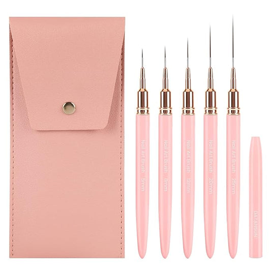 5PCS Nail Art Brushes Set with Pink Leather Case，【Metallic Material】 【Various Size】 【Light Weight】Nail Brush， Nail Brushes for Nail Art，Size：5mm,8mm,12mm,20mm,25mm, Pink