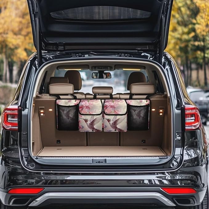 Pink Hummingbird Print Car Trunk Organizer, Foldable Auto Back Seat Storage Bag with 4 Pockets Universal Hanging Car Trunk Accessories for Most SUVs Sedans Trucks
