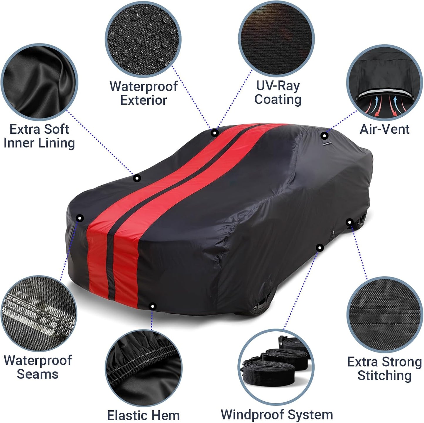 iCarCover Custom Car Cover for Chevy Monte Carlo (1973-1977) Waterproof All Weather Rain Snow UV Sun Protector Full Exterior Indoor Outdoor Car Cover (Stripe - Black/Red)