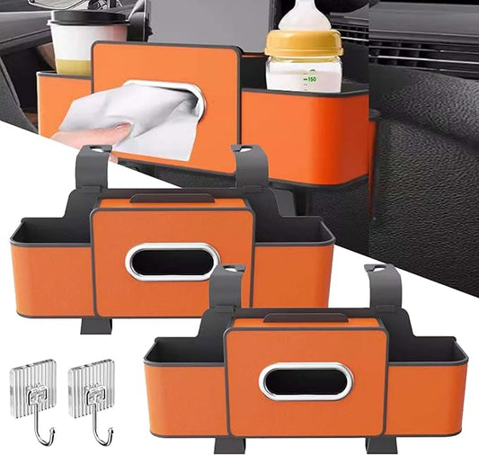 3-in-1 Car Backseat Organizer, 2026 Upgraded Multifunctional Car Seat Back Storage Box, Backseat Car Organizer with 2 Cup Holders, Tissue Box & Hooks, Universal Car Essentials (2Pack A)