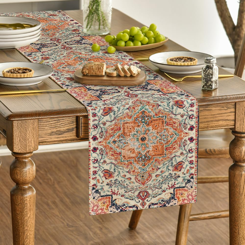 Artoid Mode Boho Bohemia Style Orange Table Runner, Country Rustic Farmhouse Magical Fall Kitchen Dining Table Decoration for Home Party Decor 13x72 Inch