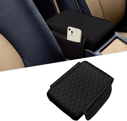 Car Center Console Cover, Napa Leather Car Armrest Cushion with Side Pockets, Memory Foam Auto Armrest Seat Box Mat, Universal Interior Armrest Protective Cover Accessories for Most Vehicle