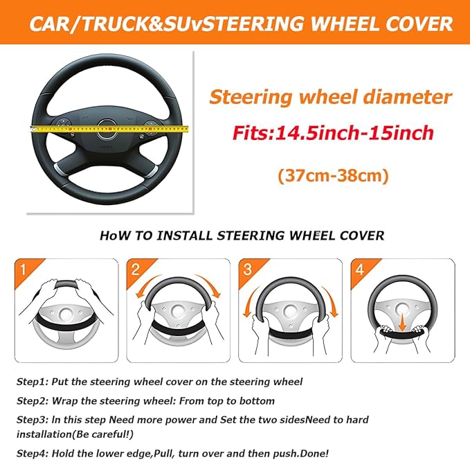 Car Steering Wheel Cover, PU Leather Non-Slip Lantern Pattern Vehicle Steering Wheel Cover Protection, Breathable Automotive Interior Protecter Accessories, Universal Fit (Black/White)