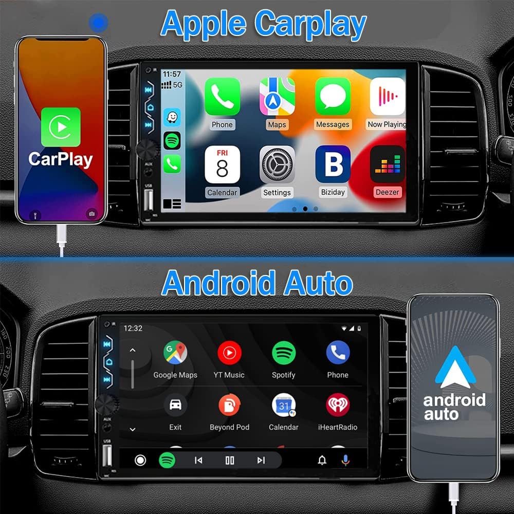 Leadfan Double Din Car Stereo with Dash Cam,7 Inch Full HD Touchscreen Car Audio Receiver Support Carplay and Android Auto,Car Stereo with Bluetooth,Mirror Link,Backup Camera,FM/USB/AUX/Subwoofer