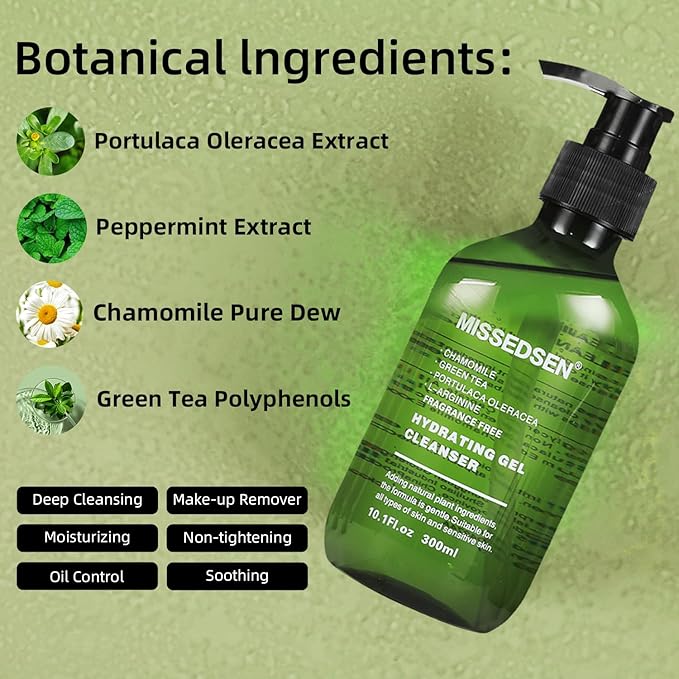 Hydrating Face Wash Foaming Facial Cleanser with Green Tea, Fragrance Free, For Normal to Dry, Sensitive, All Skin Types 10.1Fl oz