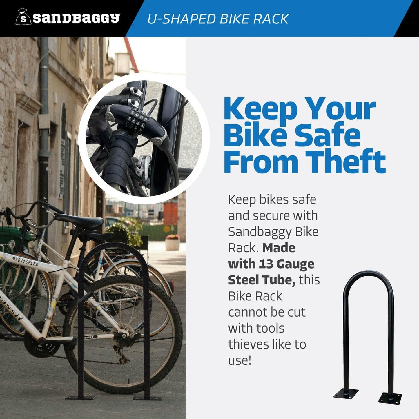 Sandbaggy In Ground Bike Rack | U Shaped, Commercial, Outdoor, 1 Loop, Galvanized Steel | Black, 14.5" x 34" (5)