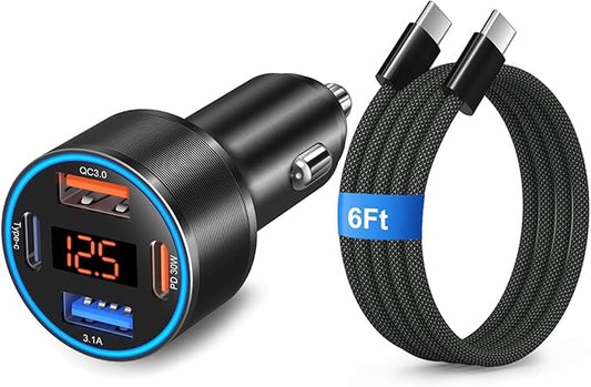 65W 4-Port Super Fast Type C Car Charger USB C for Samsung S26/S25/S24/S23/S22 Ultra/A17/A16/Z Fold/Flip Android Car Phone Adapter 12v Cigarette Lighter Plug with Voltage Display+6FT USB C Cable