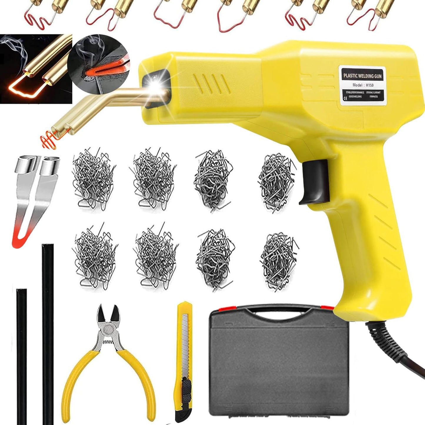 Plastic Welder,2 in 1 Plastic Welding Repair Kit with 1000pcs Hot Staples,2pcs Plastics Welding Rods,knife,Plier, Hot Staples Weld Gun Repair Kit for Car Bumper And Most Plastics(Black)
