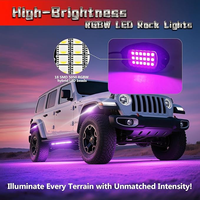 16 Pods RGBW LED Rock Lights for Truck Jeep Wrangler ATV UTV Golf Cart RZR RV Van Boat Offroad SUV Cars Pickup Sedans, Waterproof Multicolor Neon Underglow Kit with APP/RF Remote Music Mode