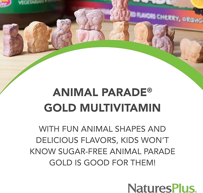 NaturesPlus Animal Parade Gold Children's Multivitamin - Assorted Cherry, Orange & Grape Flavors - 120 Animal-Shaped Chewable Tablets, Pack of 2 - Vegan, Gluten Free - 120 Total Servings