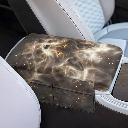 Car Center Console Cover Non-Slip Armrest Protector with 4 Storage Bags Wolf Print Car Armrest Seat Box Pad Car Interior Accessories for Most Vehicle