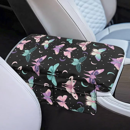 Car Center Console Pad with Pockets, Butterfly Mooon Print Car Armrest Seat Box Cushion, Car Interior Accessories, Auto Armrest Cover Protector for Most Vehicle, SUV, Truck
