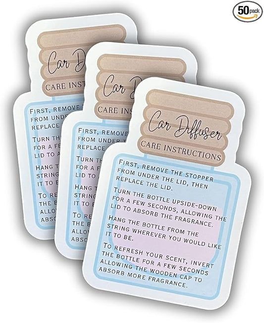 Car Oil Hanging Diffuser Instruction Care Card | 50 Pk 2x3” inches Wooden Bottle Die Cut Shape of Reed Diffuser Oil Bullet Warning Labels Scent for Clients Care Business Cards DIY