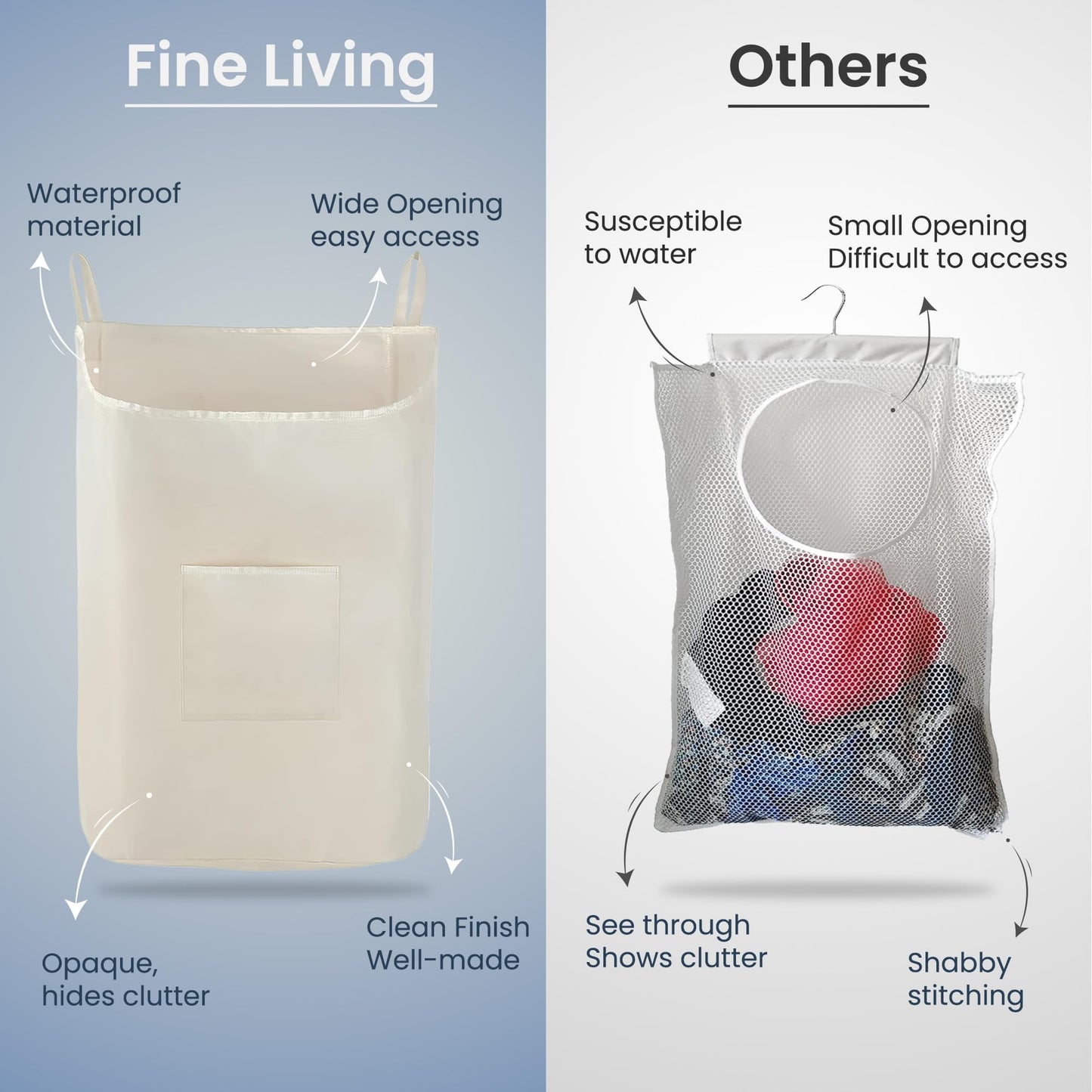 The Fine Living Co. Hanging Laundry Hamper with Over Door Hooks & Adhesive, Durable Space Saving Laundry Bag with Zipper and Wide Open Top, Hanging Dorm Laundry Hamper 18"x4.75"x28" (Beige-L)