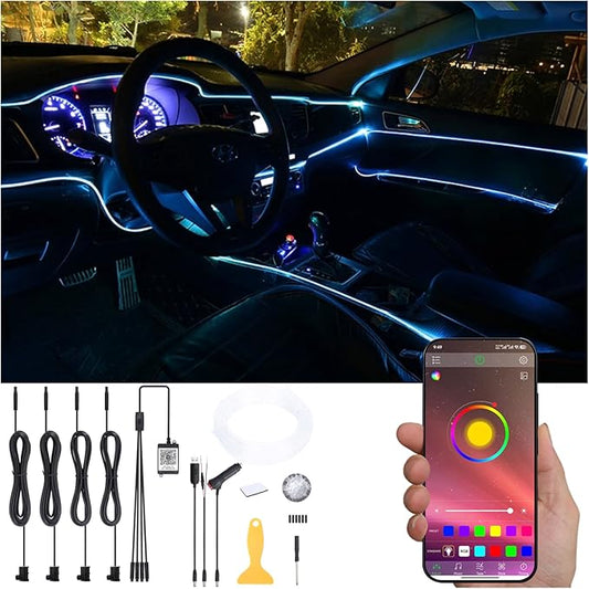 4 m Optic Fiber Car Ambient Lighting Kit Bluetooth App Control 64 Colors Multicoloured Music Interior Lighting Kit 12V 1W