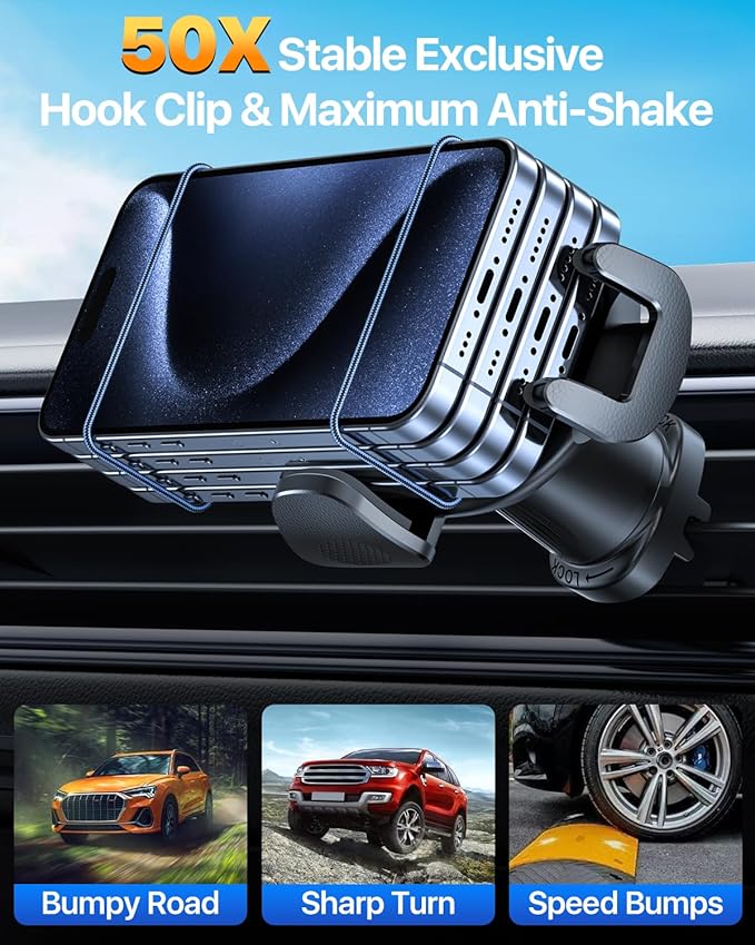HTU 【Military-Grade Car Phone Holder,【Strongest & Longest Steel-Hook】 Car Vent Mount, Handsfree 360° Adjustable Automobile Cradle Air Clip Stand for iPhone 17 16 15 14 Pro Max Samsung (Light Blue)