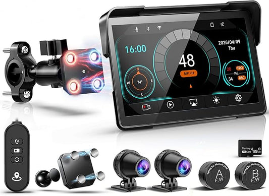 2026 LBW 7" Wireless GPS Motorcycle CarPlay(Includes 128G SD) with Android Auto Navigation, Dual 2K Dash Cam, HD Waterproof Screen, TPMS, Remote Control, BT, Quick Release Anti-Theft Design Mount