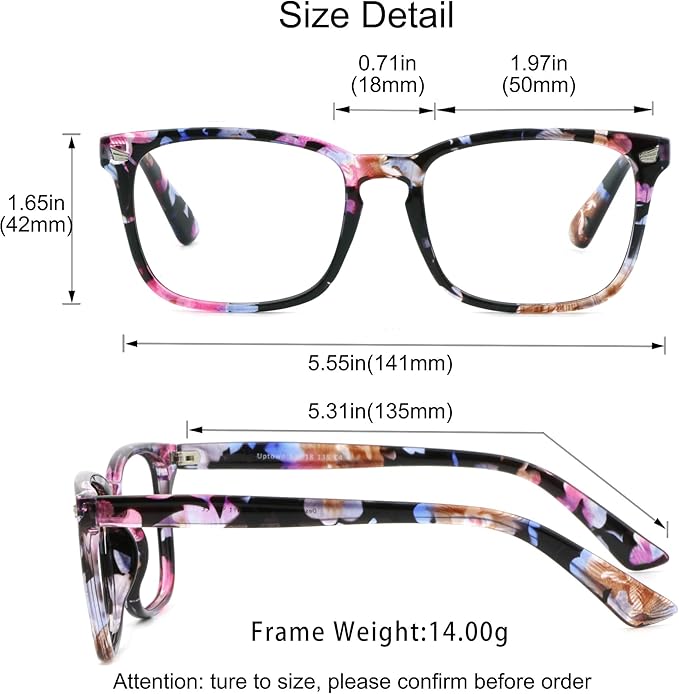 YEIN Bifocal Reading Glasses with Blue Light Blocking Lenses, Bifocal Reader for Women, Vintage Square frame with Spring Hinge (+0.00/+1.50 magnification)