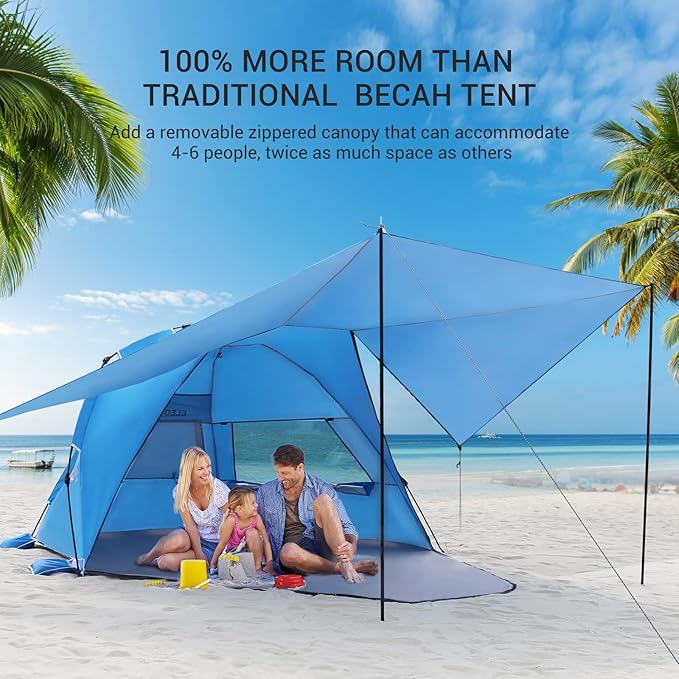 Elegear Beach Tent With 360 Removable Canopy, 4-6 Person Pop Up Sun Shade Shelter, UPF 50+ Automated Installation Double Silver Coating Portable Lightweight Cabana