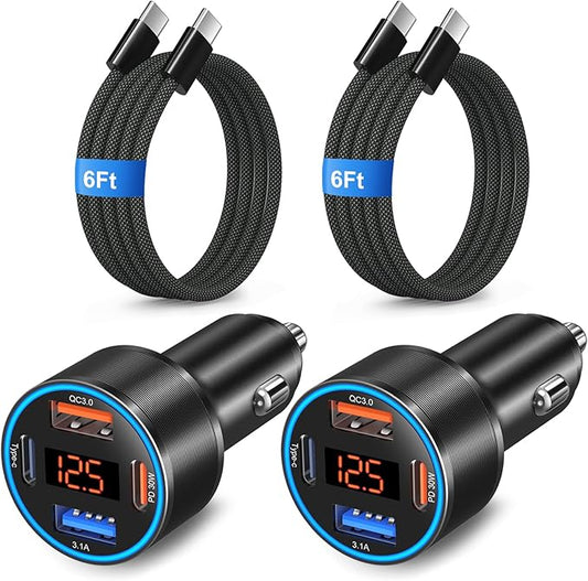 Car Charger USB C, 65W 4-Port Super Fast Type C Car Charger for Samsung S26/S25/S24/S23 Ultra, 2 Pack QC&PD 3.0 Fast Charging Cigarette Lighter Adapter Android Car Phone Charger+6FT USB-C Cable