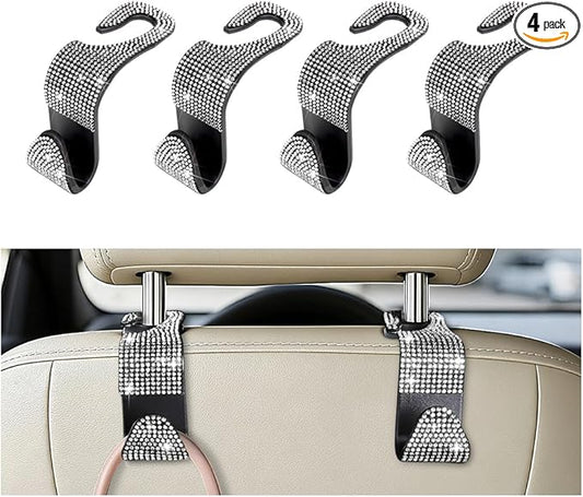 4PCS Bling Car Seat Headrest Hooks, Crystal Rhinestone Vehicle Back Seat Hanger Holder, Auto Interior Headrest Hanging Storage Organizer for Purse Handbag Coat, Universal Fit (White)
