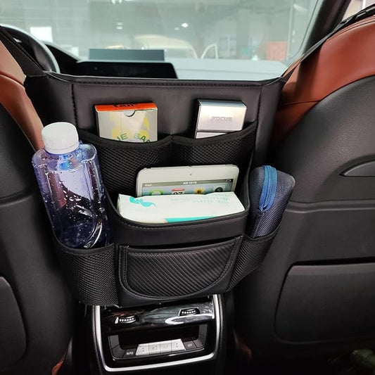 Car Purse Holder Between Front Seats PU Leather Bag Holder Above Armrest Box Child Barrier Front Seat Snack Organizer Bag Storage Auto Interior Accessories(Medium Size)