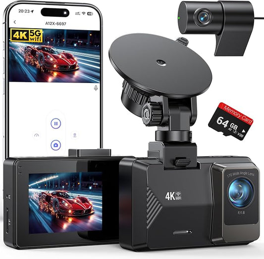 4K Dash Cam Front Rear, Dual Channel Dash Cams with 64GB Card 4K+1080P, Dash Camera for Cars with 5G WiFi, APP Control,2.0" IPS Screen,Night Vision,G-Sensor,170°Wide Angle,Parking Mode,Loop Recording