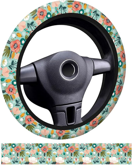 Car Steering Wheel Cover, Universal 15 Inch Neoprene Non-Slip Steering Wheel Covers, Funny Car Accessories for Women Men Fit Auto, Suvs, Truck Cute Green Floral