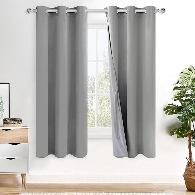 XWZO 100% Blackout Curtain Panels - Thermal Insulated Black Liner Curtains, Noise Reducing and Heat Blocking Drapes for Hall and Studio Windows with Tiebacks, Light Grey, W42 x L72, Set of 2