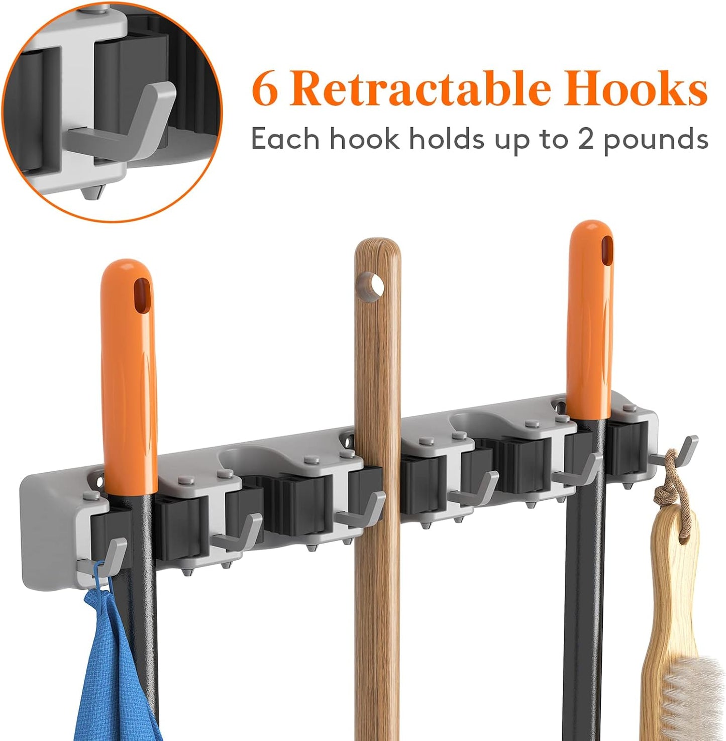 Lifewit Mop and Broom Holder Wall Mount, Anti-Slip Broom Hanger for Kitchen Organization, Heavy Duty Cleaning Supplies Organizer, Easy Install Tool Organizer for Closet, Garage, 5 Slot 6 Hooks, Grey