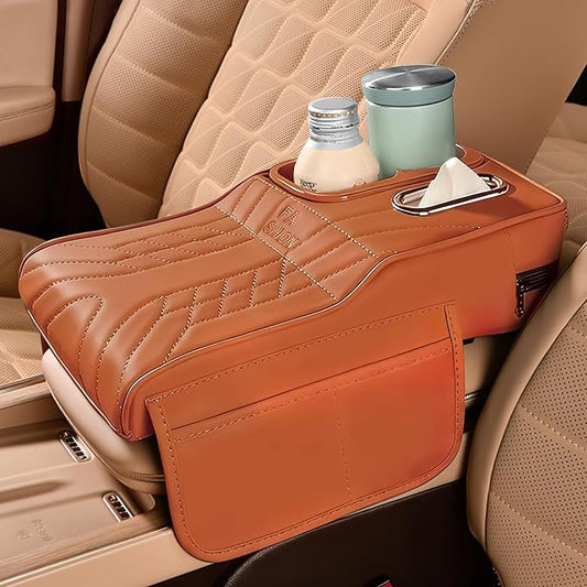 Car Center Console Armrest Pillow, 13.4"×7.5"×2" Leather Auto Arm Rest Cover with Pocket & Tissue Box & Cup Holder, Multifunctional Vehicle Armrest Cushion Pad, Car Accessories (Orange)