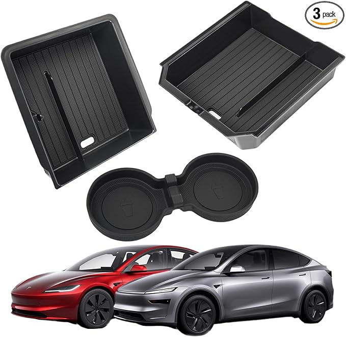 Center Console Organizer Tray for Tesla Model Y Juniper Accessories 2025 2026 and Model 3 Highland Accessories 2024 2025 2026 for Tesla Accessories Cup Holder Matte Black (3PCS)