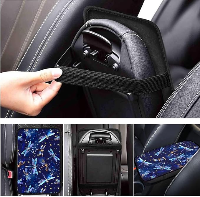 Blue Dragonfly Print 6pcs Car Steering Wheel Cover Set for Men Women Auto Interior Accessories Cup Holder Armrest Pad Seatbelt Cushion Fit for SUV Truck Vans