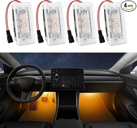 4 Pcs Interior LED Lights Bulbs Kit Compatible with Tesla Model 3, Y, X, S, Super Bright Replacement Light Bulbs for Footwell, Door Puddle, Trunk, Frunk - for Tesla Accessories (Yellow)